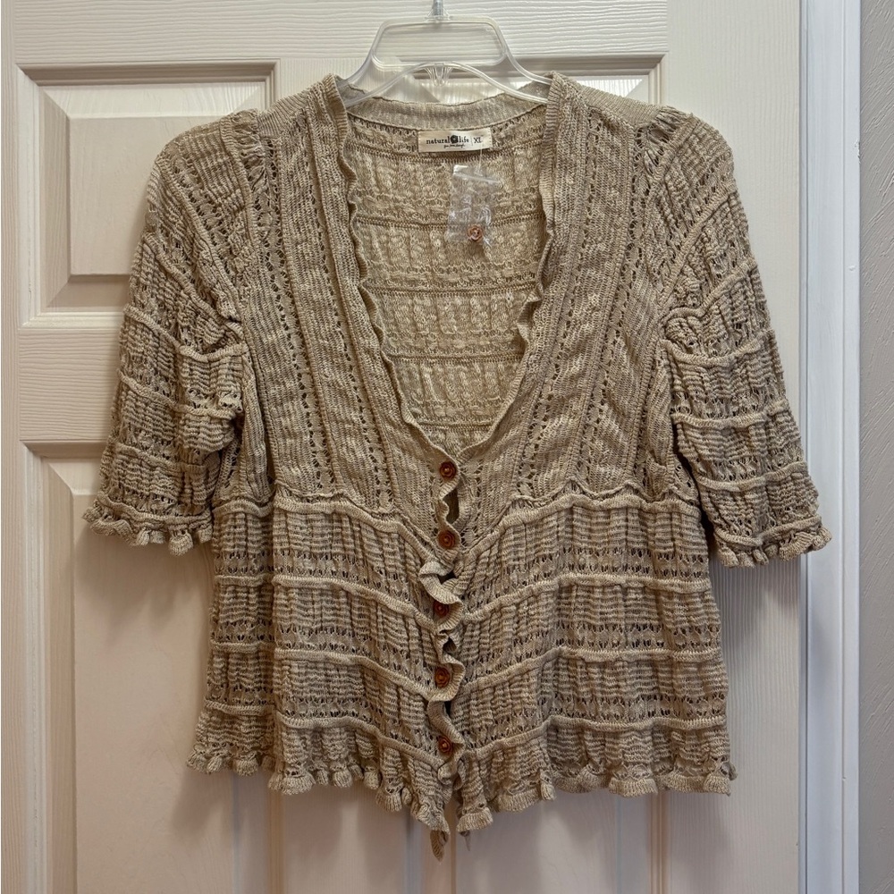 NATURAL LIFE Beige Knit Short-Sleeve Cardigan - Picture 5 of 8